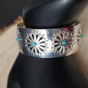 Native American ‘Desert Flower’ Sterling Silver 925 & Turquoise Cuff Bracelet